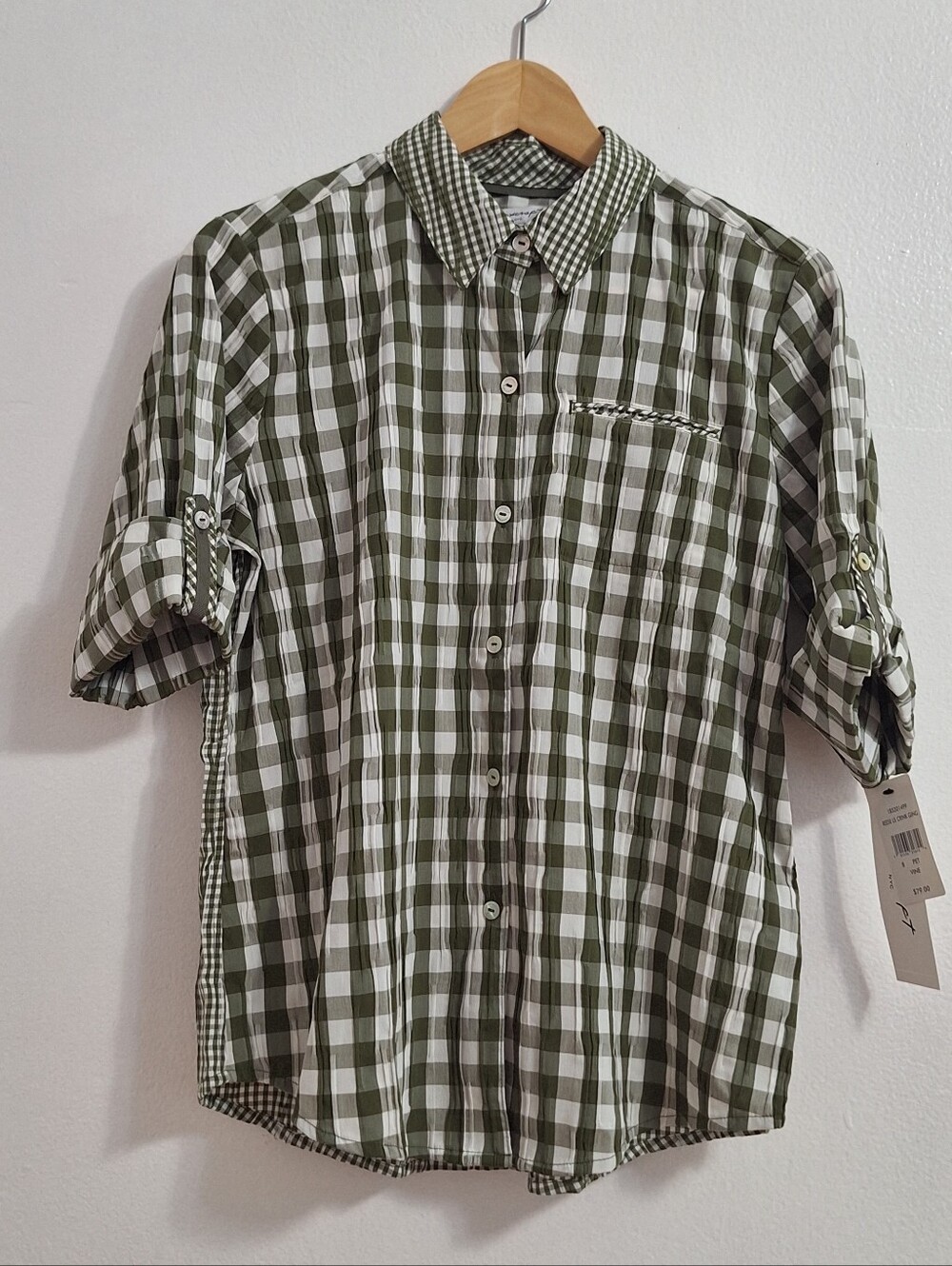 NWT Foxcroft Olive Green & White Checked Button-Down Shirt